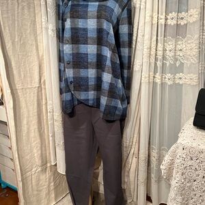 Cozy Blue Plaid Cowl Sweater with Sleek straight legged grey pants